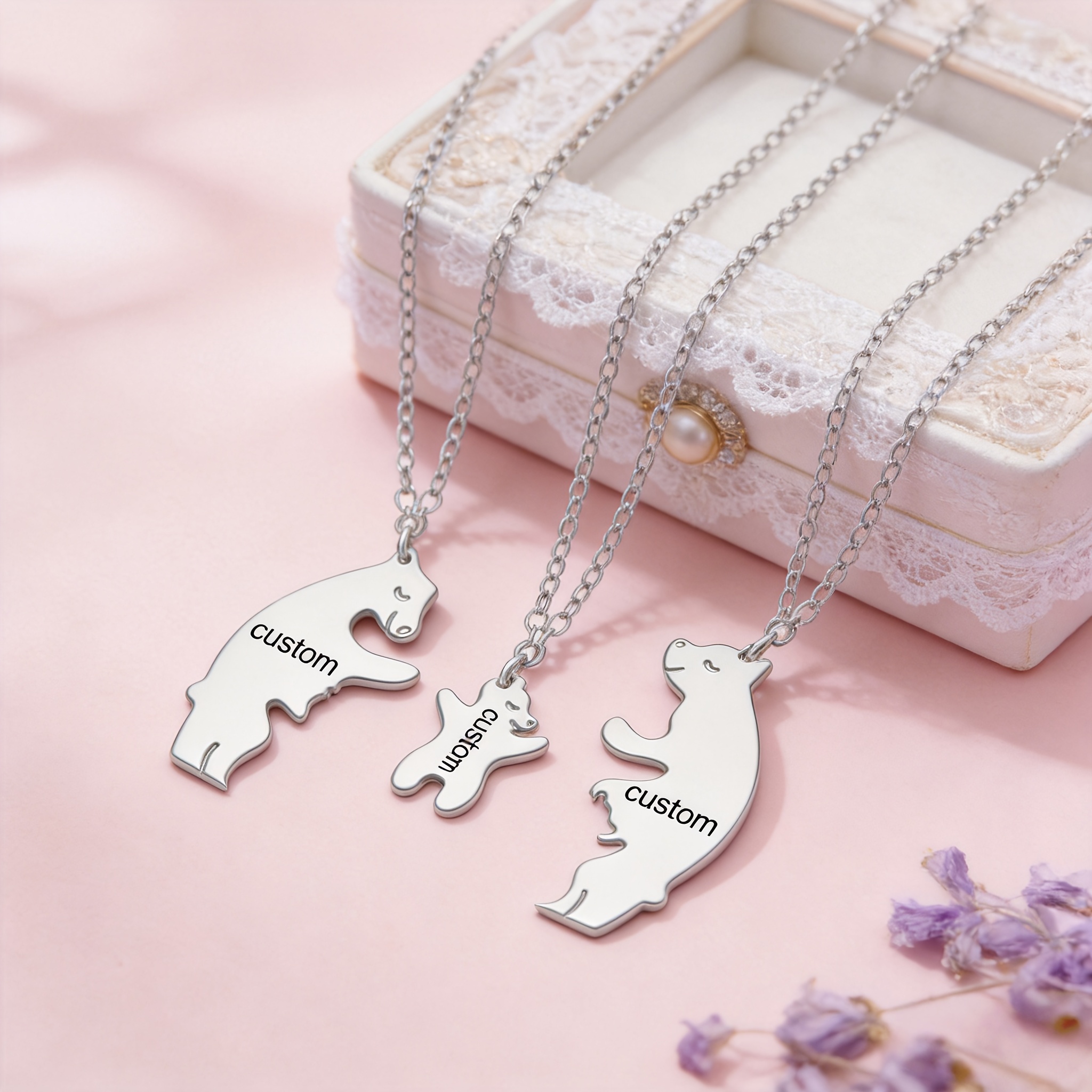2pcs Personalized Custom Animal Bear Pendant Matching Necklace Set